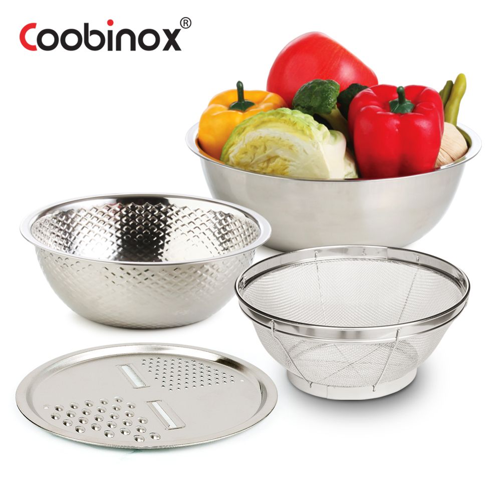 Coobinox® 4-Piece Kitchen Prep Set (CO-1140) - Mixing Bowl, Rice Washer, Mesh Strainer & 4-in-1 Grater